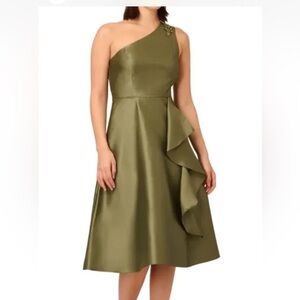 Adrianna Papell Asymmetric Olive Midi Dress